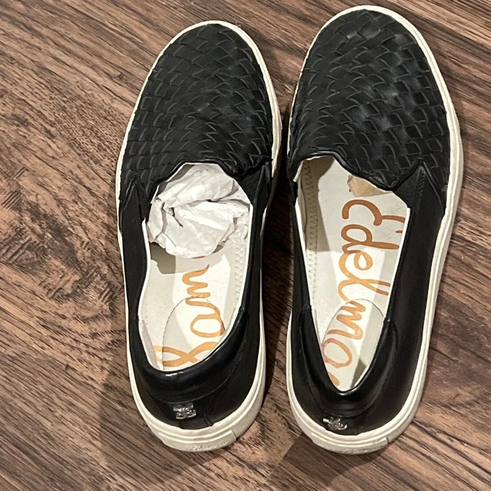 Women's Sam Edelman Eda Shoes Size 7 Black Leather Slip On Sneakers Loafers EUC